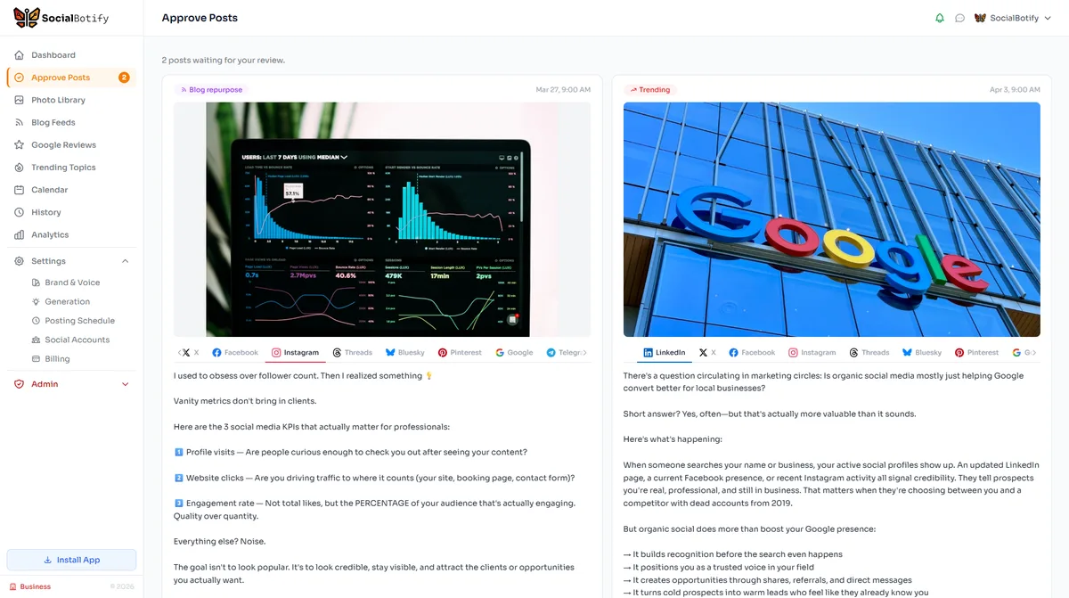 SocialBotify approve page showing an AI-generated social media post with image ready for review across LinkedIn, X, Facebook, and Instagram