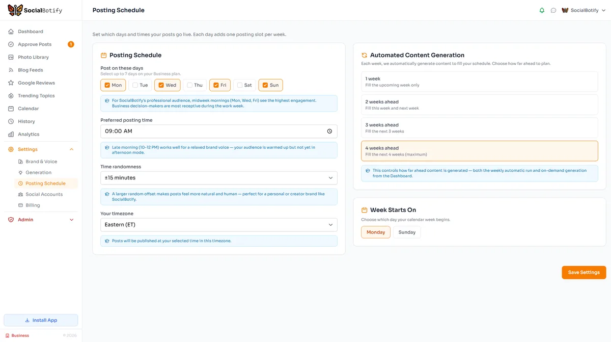 SocialBotify automated posting schedule setup showing optimal Facebook posting times