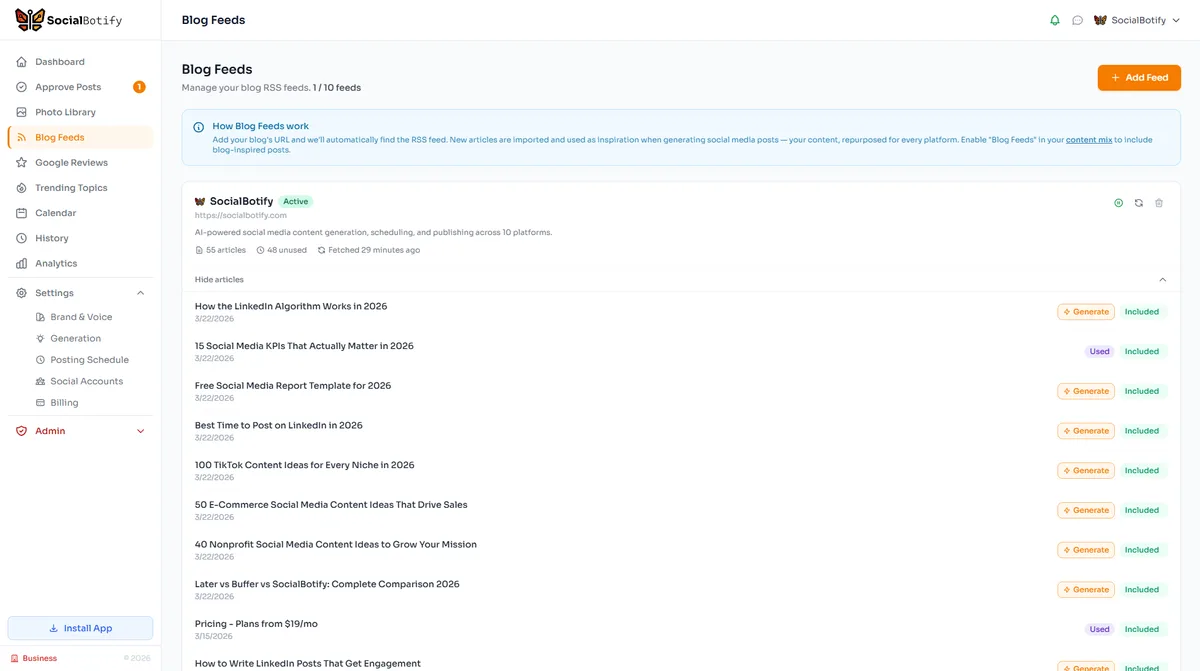 SocialBotify blog feeds feature for repurposing blog posts into social media content