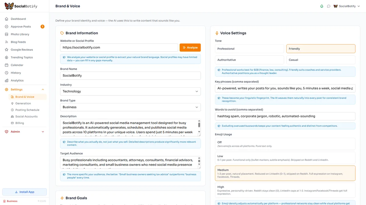 SocialBotify brand voice settings showing AI tone configuration for consistent social media content across all platforms