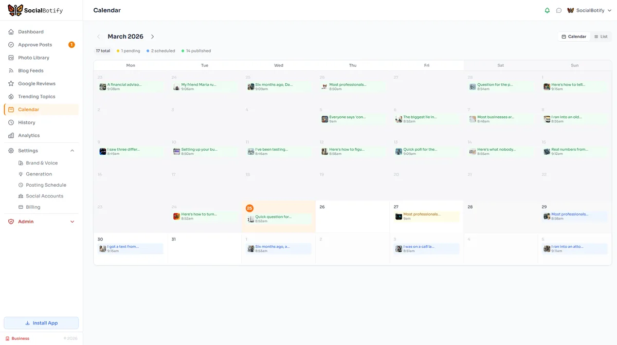 SocialBotify content calendar showing a month of AI-generated social media posts scheduled across multiple platforms