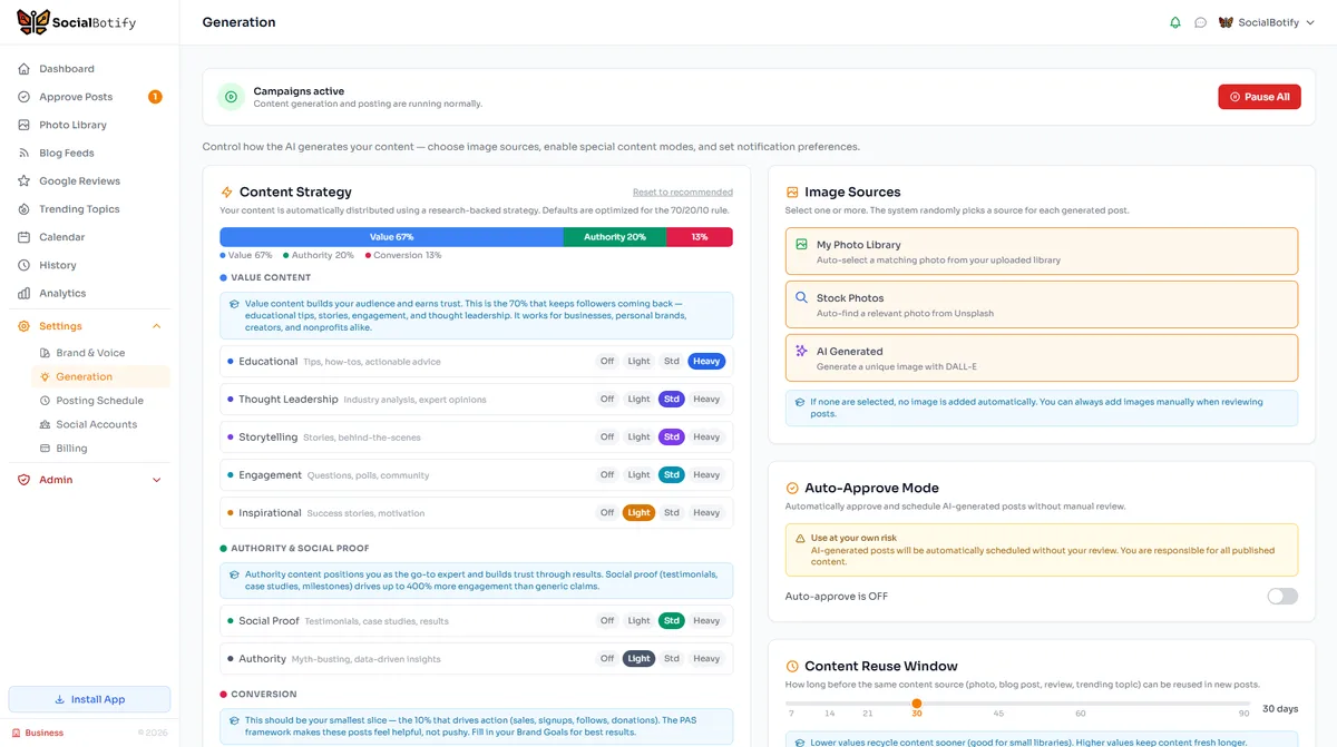 SocialBotify content strategy generation settings showing 70/20/10 framework configuration and automated posting schedule