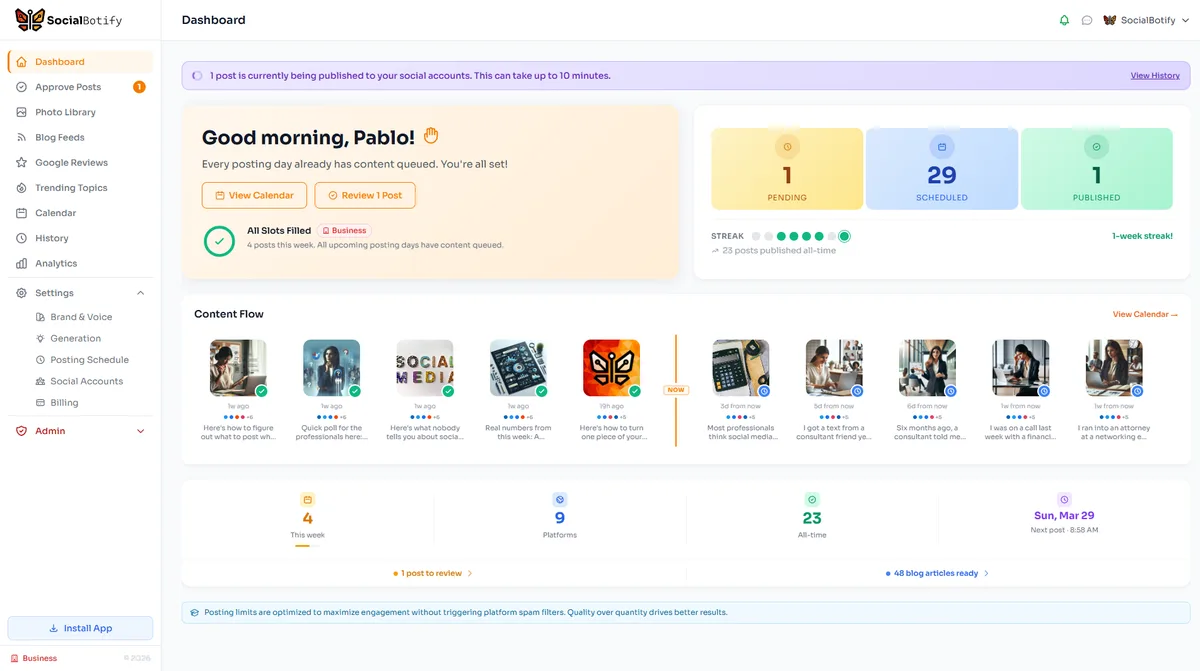SocialBotify dashboard showing AI-generated content calendar with posts scheduled across 10 social media platforms