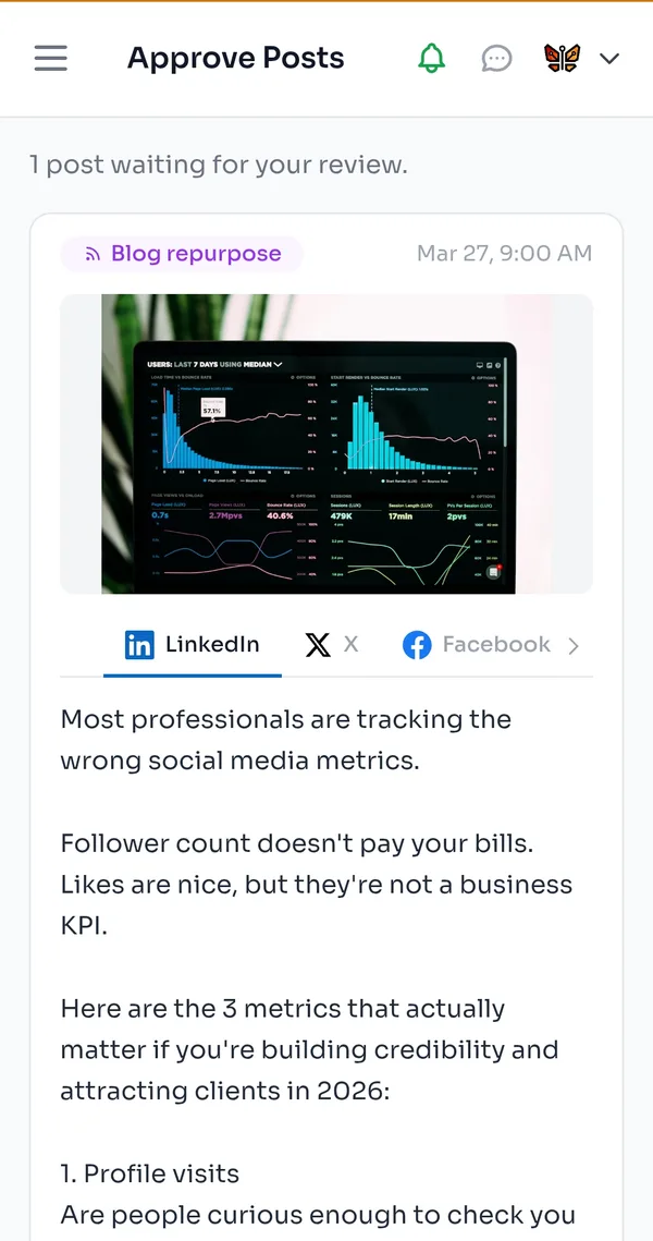 SocialBotify mobile approve page showing AI-generated post with image across LinkedIn, X, and Facebook