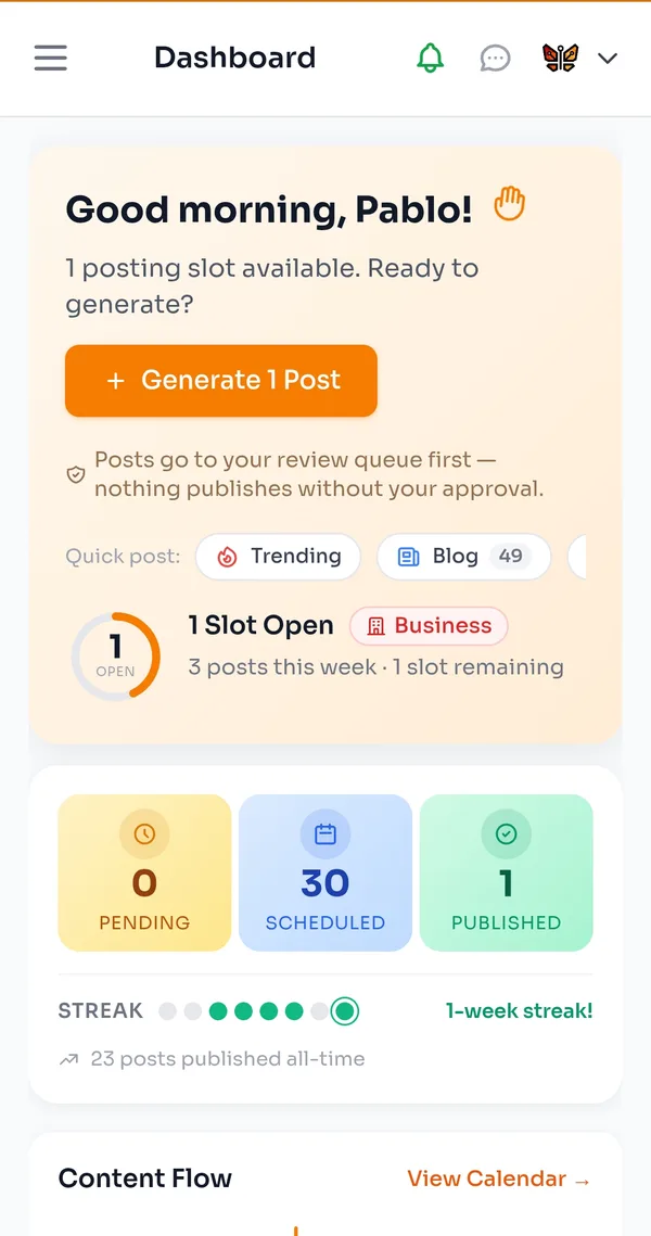 SocialBotify mobile dashboard showing AI content generation and one-tap post approval
