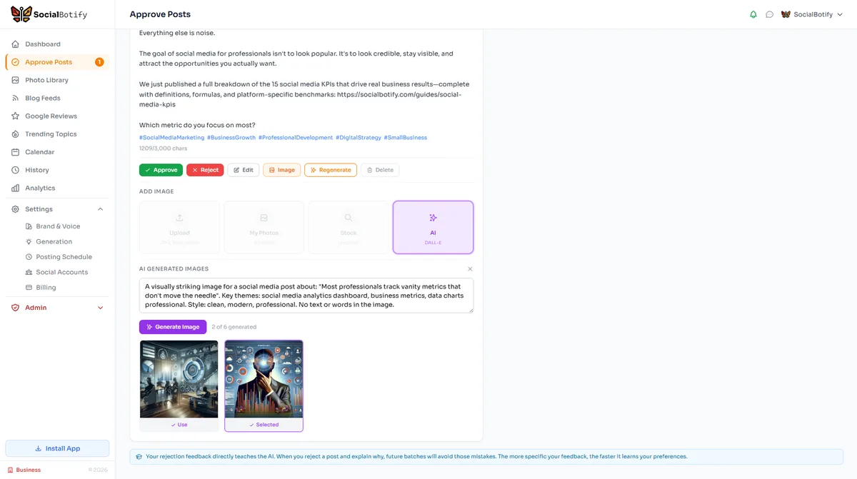 SocialBotify post editor with AI image generation for Instagram content creation