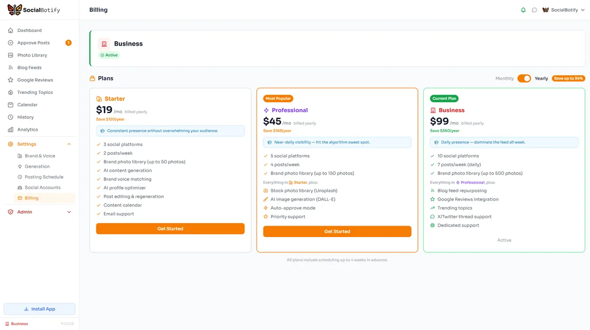 SocialBotify pricing page showing Starter, Pro, and Business plan options with feature comparison