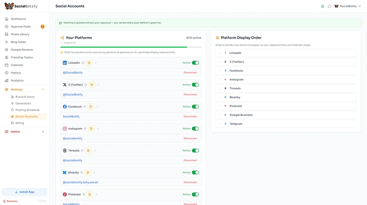 SocialBotify social accounts page showing Threads and 9 other platforms connected