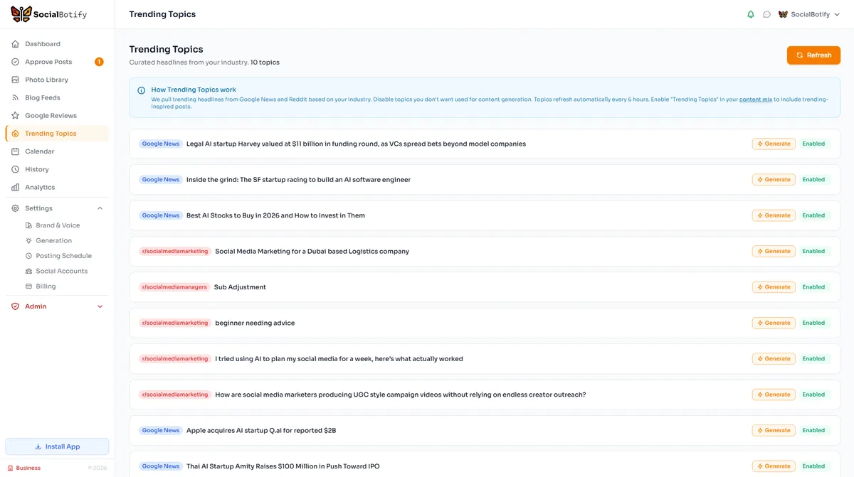 SocialBotify trending topics feature for discovering social media post ideas